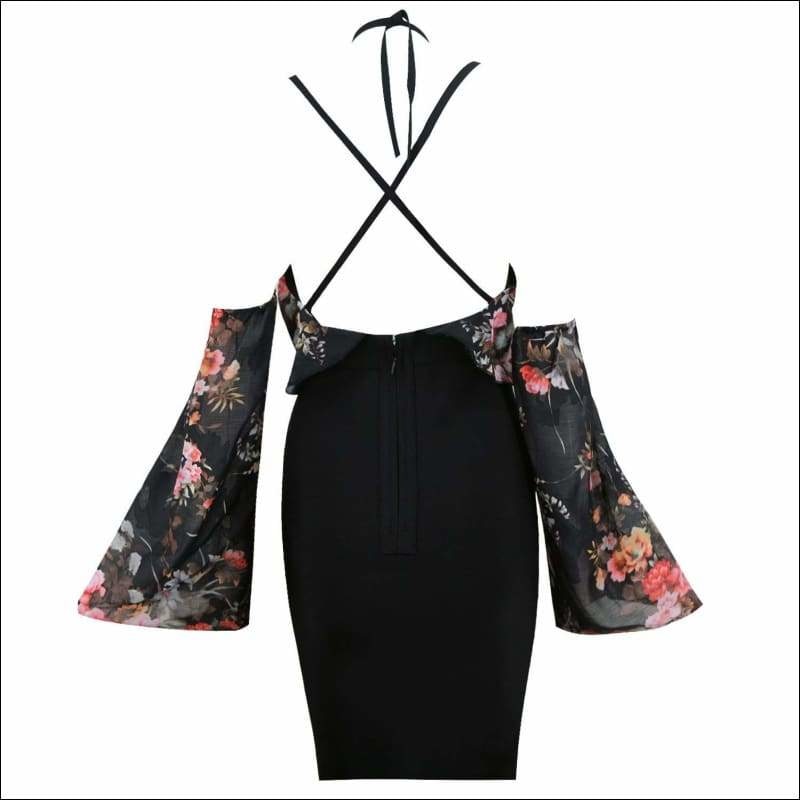 Winnal Women’s Black Floral Strappy Printed Tops Plunging Bodycon Midi Dress