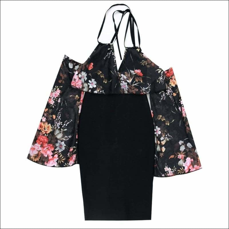 Winnal Women’s Black Floral Strappy Printed Tops Plunging Bodycon Midi Dress