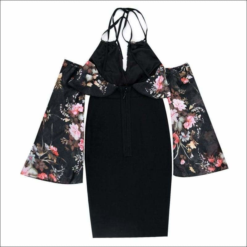 Winnal Women’s Black Floral Strappy Printed Tops Plunging Bodycon Midi Dress