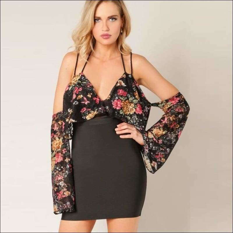 Winnal Women’s Black Floral Strappy Printed Tops Plunging Bodycon Midi Dress