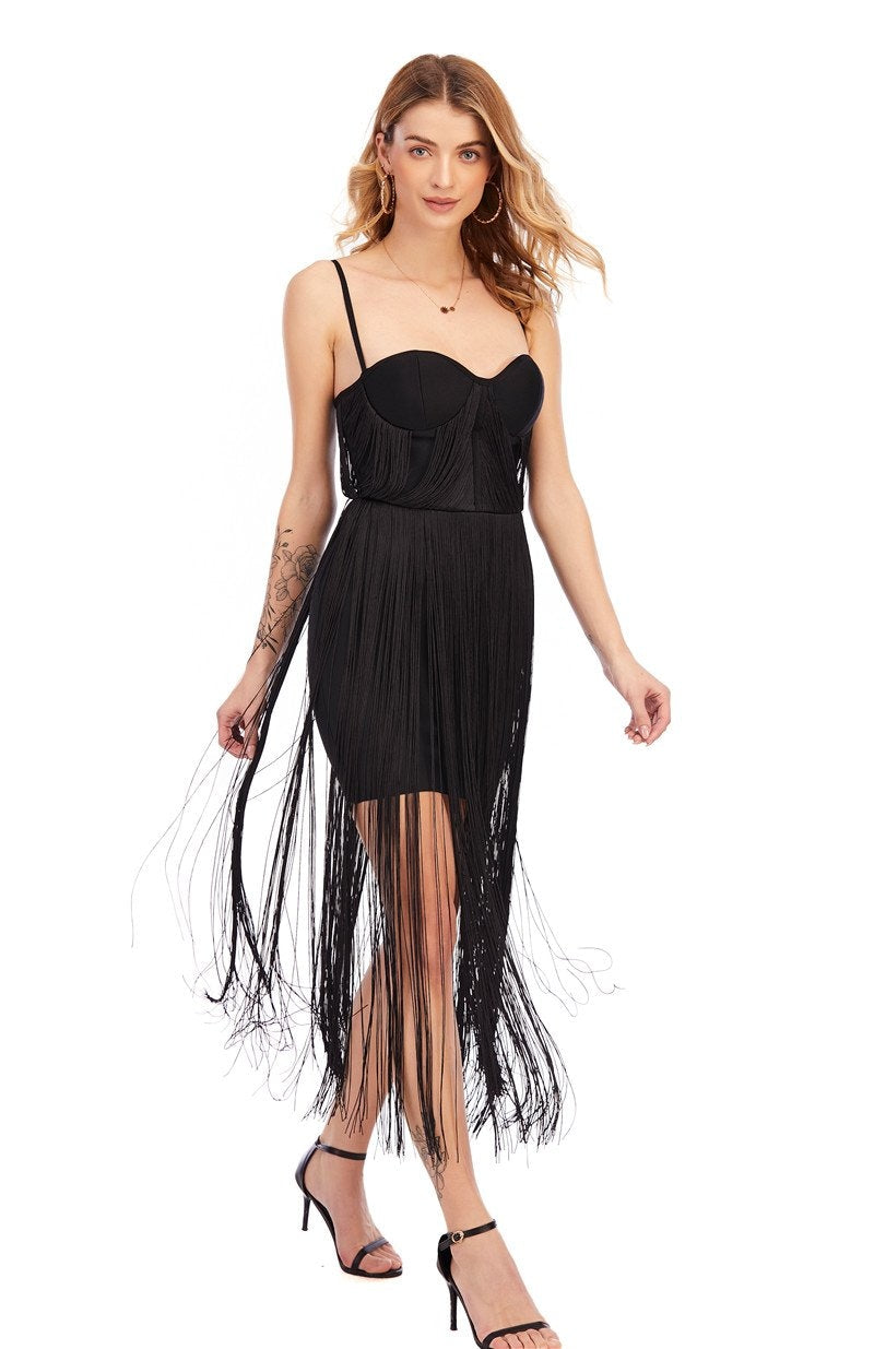 Winnal Women’s Celebrity Sexy Bandage Dress Slim Tassel Design Mid-Length Skirt For Women