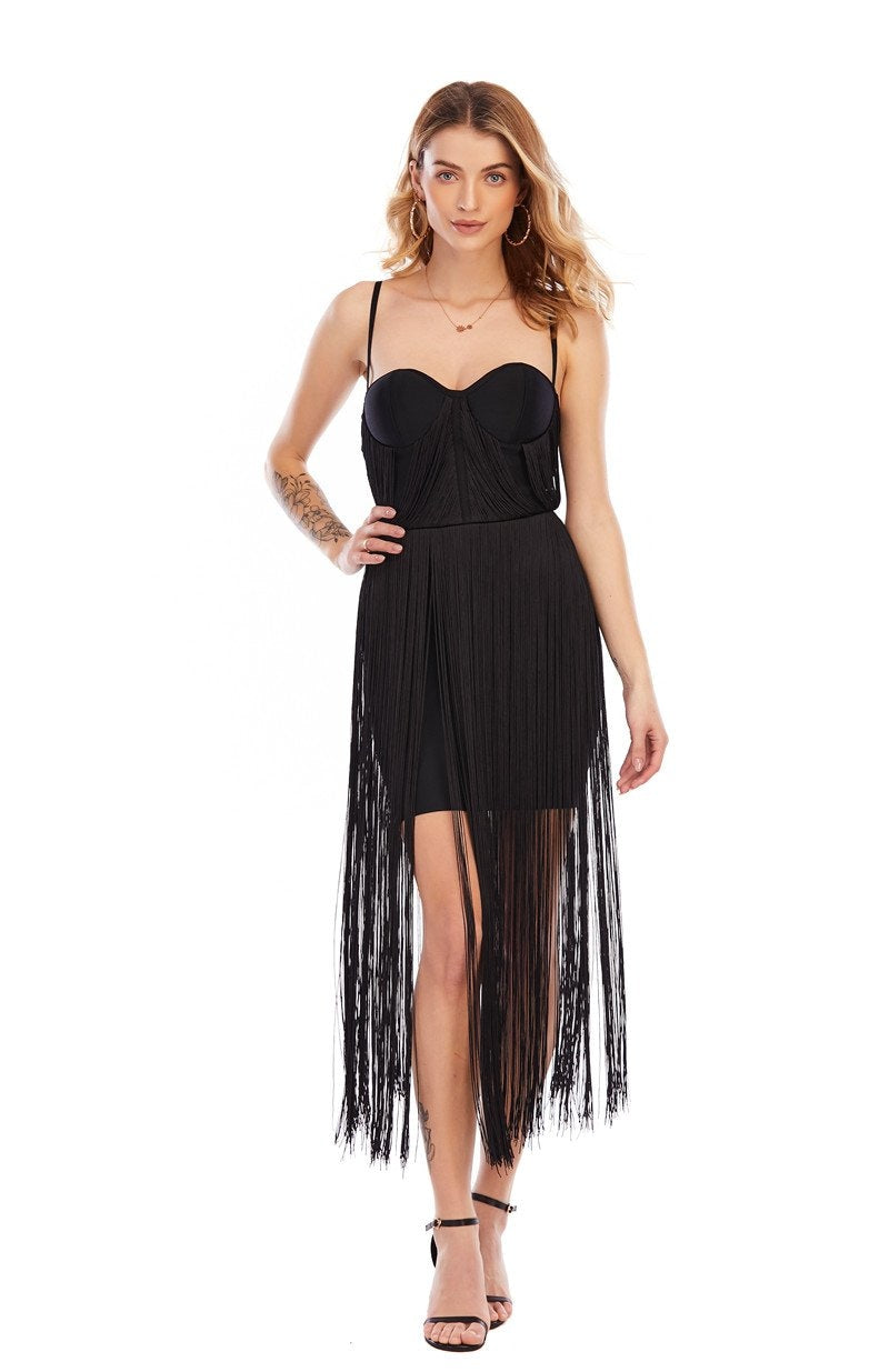 Winnal Women’s Celebrity Sexy Bandage Dress Slim Tassel Design Mid-Length Skirt For Women