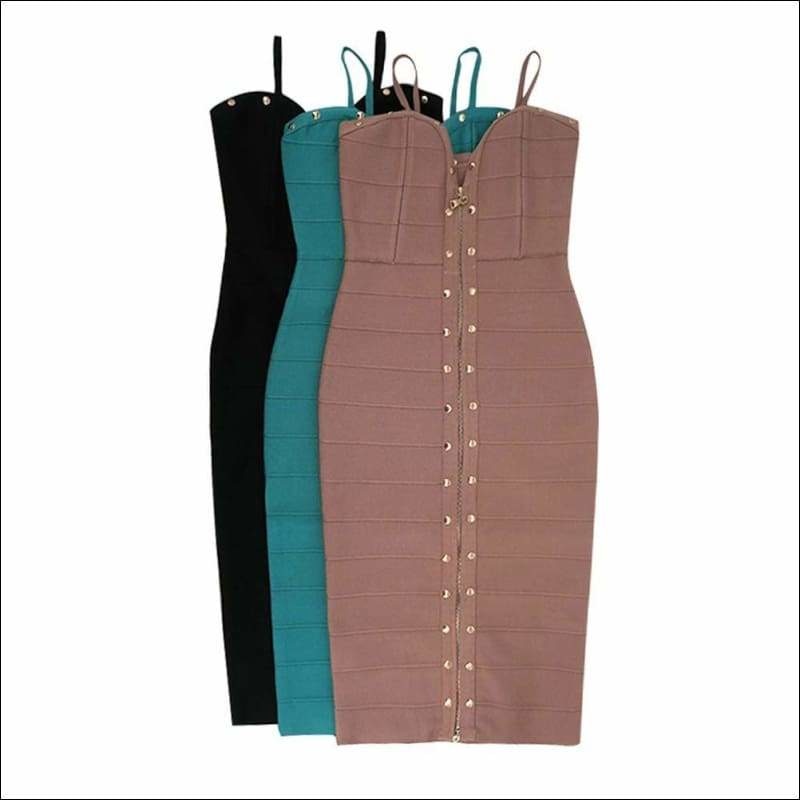 Winnal Women’s Off Shoulder High Waist Sleeveless Studded Front-Zip Bandage Sling Dress