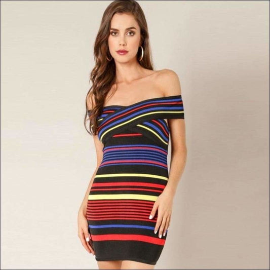 Winnal Women’s Off The Shoulder Strapless Rainbow Bandage Dress Sexy Short Party