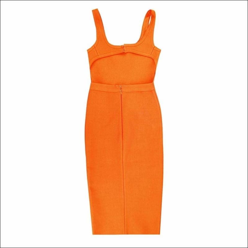Winnal Women’s Orange Ruched Strappy Plunging Bodycon Midi Dress
