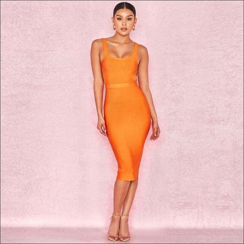 Winnal Women’s Orange Ruched Strappy Plunging Bodycon Midi Dress