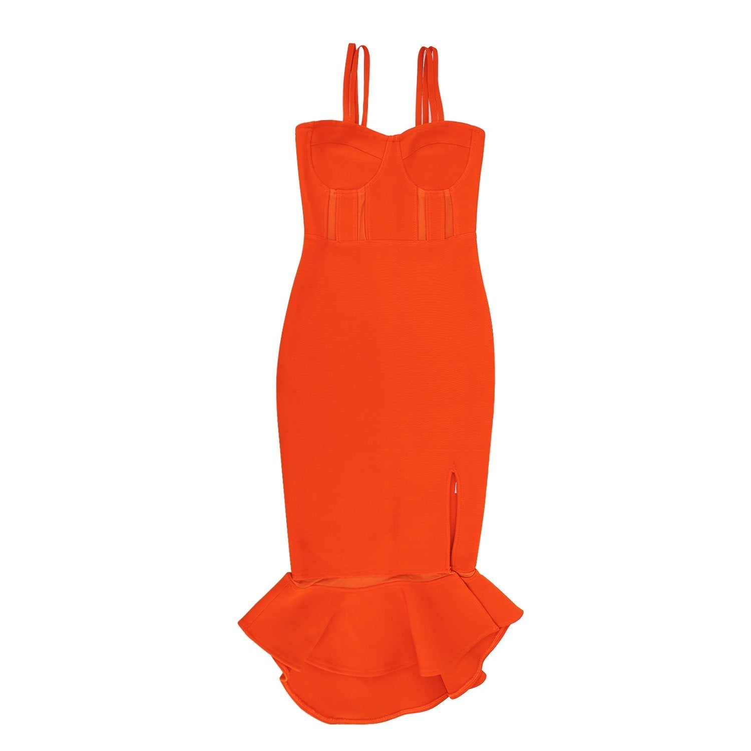 Winnal Womens Orange Ruffles Strappy V Neck Side Split Bodycon Bandage Dress Clubwear