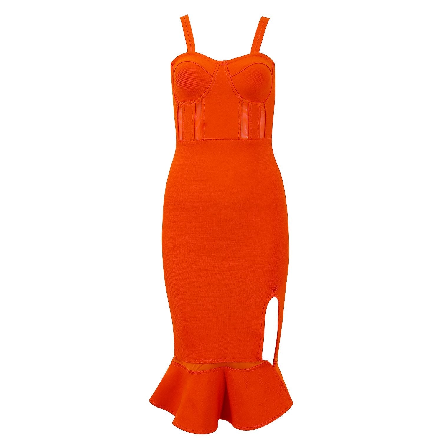 Winnal Womens Orange Ruffles Strappy V Neck Side Split Bodycon Bandage Dress Clubwear