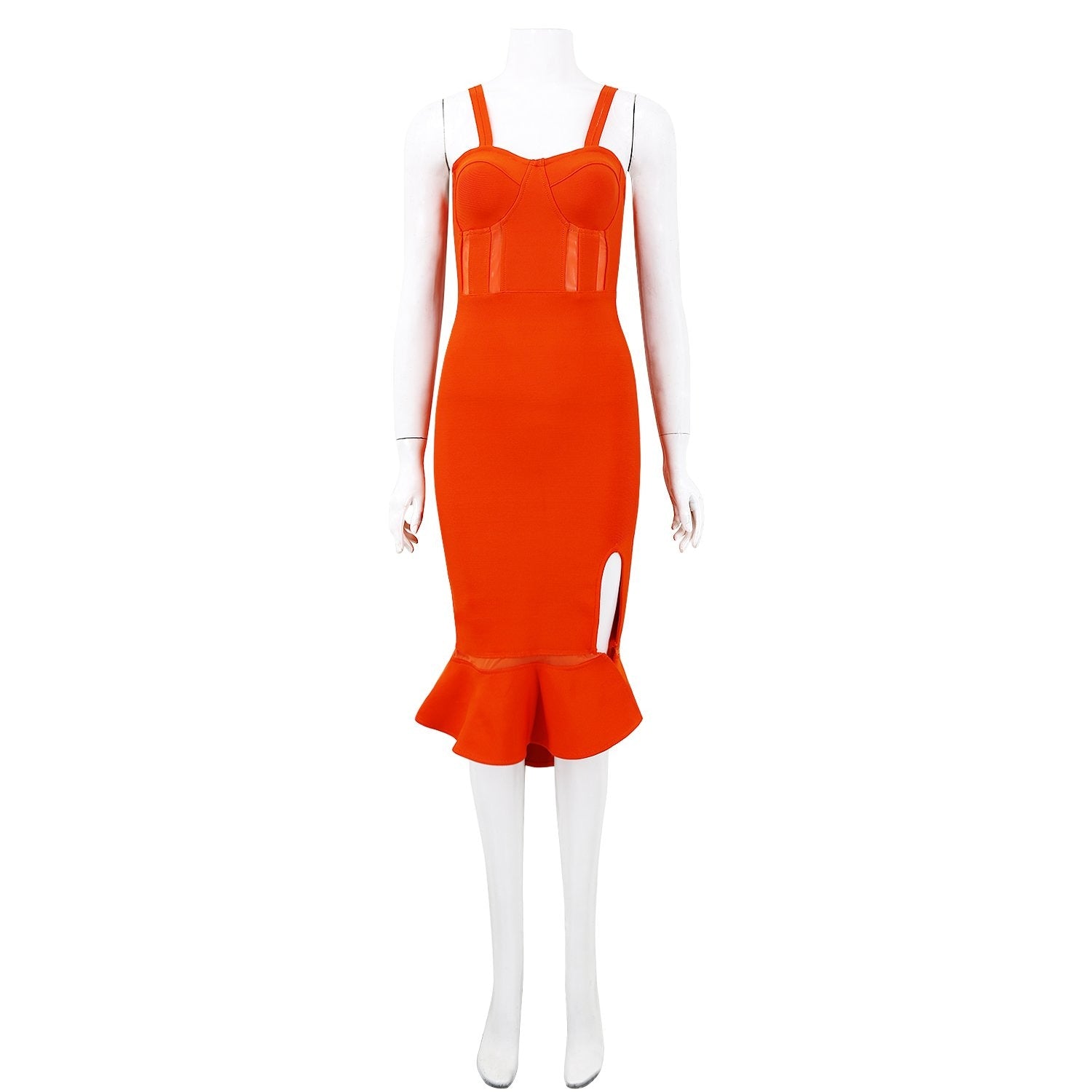 Winnal Womens Orange Ruffles Strappy V Neck Side Split Bodycon Bandage Dress Clubwear
