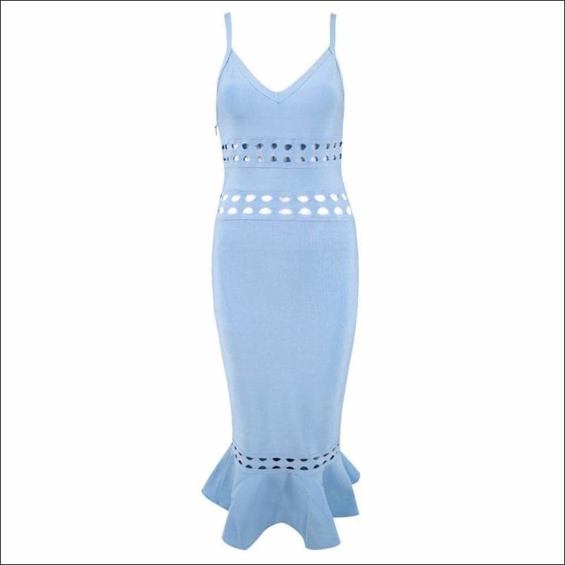 Winnal Women’s Pale Blue Sexy Deep V Vestidos Sleeveless Hollow Out Cut Mermaid Bandgage Dress