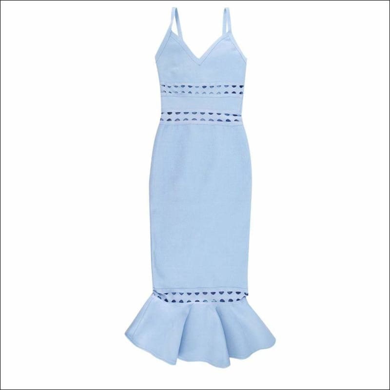Winnal Women’s Pale Blue Sexy Deep V Vestidos Sleeveless Hollow Out Cut Mermaid Bandgage Dress