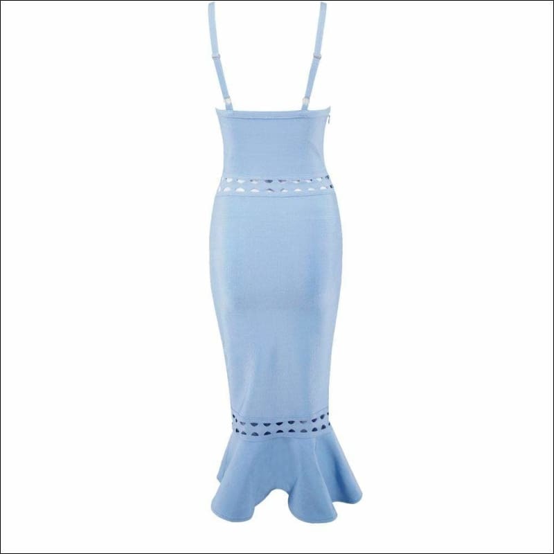 Winnal Women’s Pale Blue Sexy Deep V Vestidos Sleeveless Hollow Out Cut Mermaid Bandgage Dress