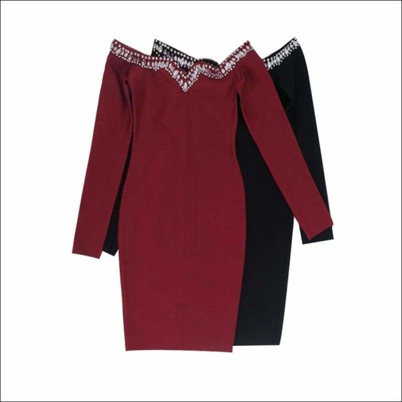 Winnal Women’s Sexy Club Bodycon Dress Long Sleeve V Neck Strapless Midi Bandage Skirt Elegant Ladies Slim With Crystal Detailling