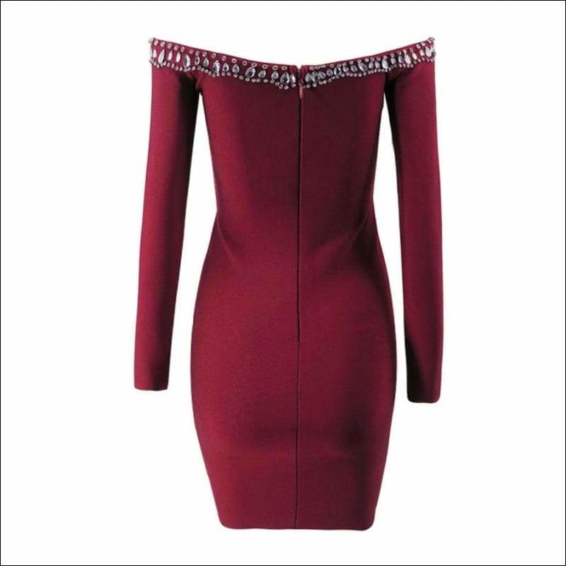 Winnal Women’s Sexy Club Bodycon Dress Long Sleeve V Neck Strapless Midi Bandage Skirt Elegant Ladies Slim With Crystal Detailling