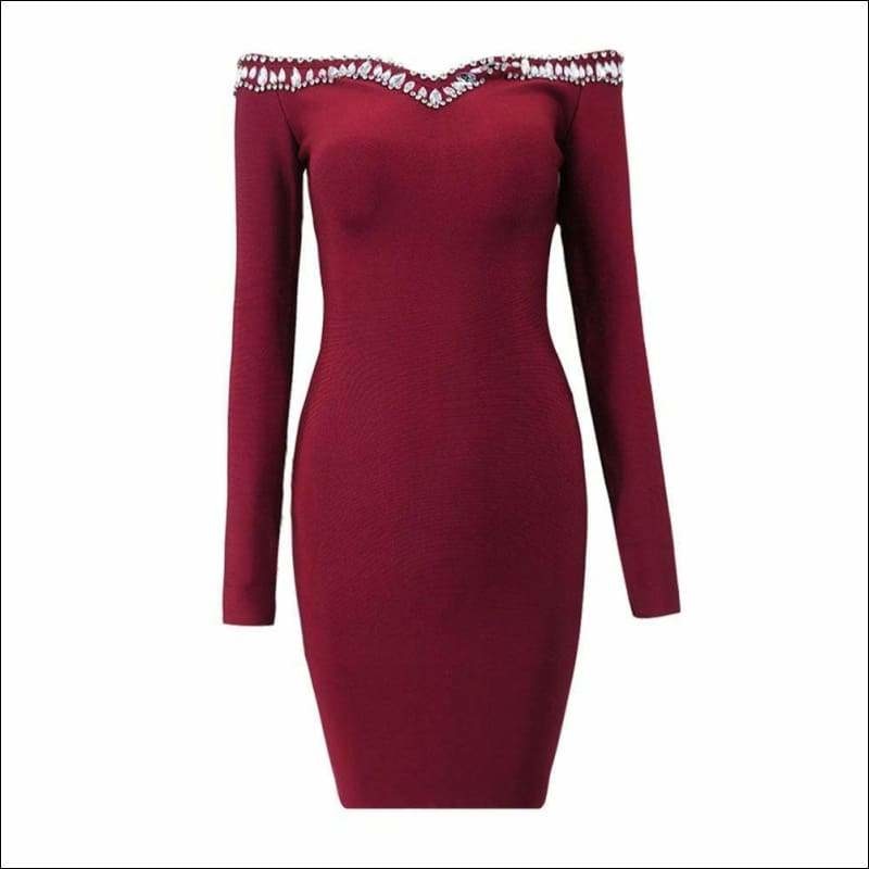 Winnal Women’s Sexy Club Bodycon Dress Long Sleeve V Neck Strapless Midi Bandage Skirt Elegant Ladies Slim With Crystal Detailling