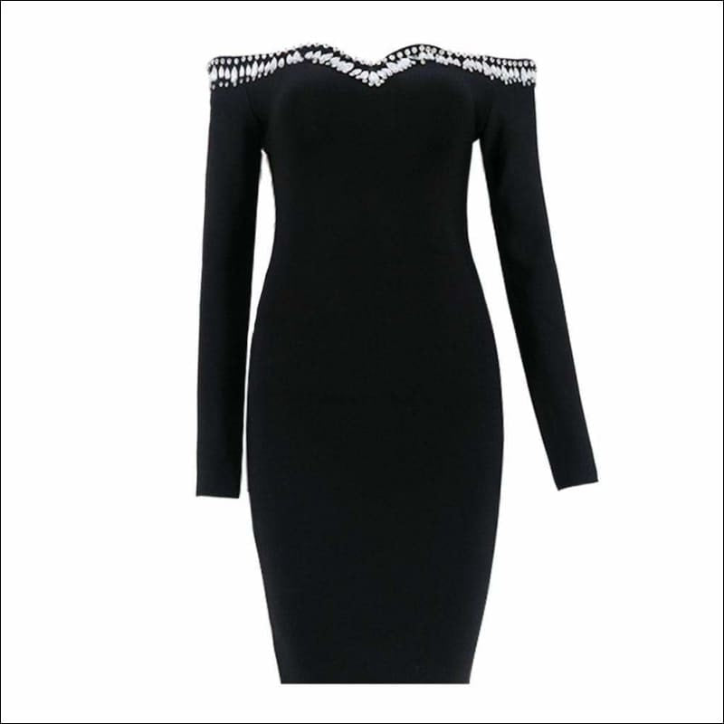 Winnal Women’s Sexy Club Bodycon Dress Long Sleeve V Neck Strapless Midi Bandage Skirt Elegant Ladies Slim With Crystal Detailling