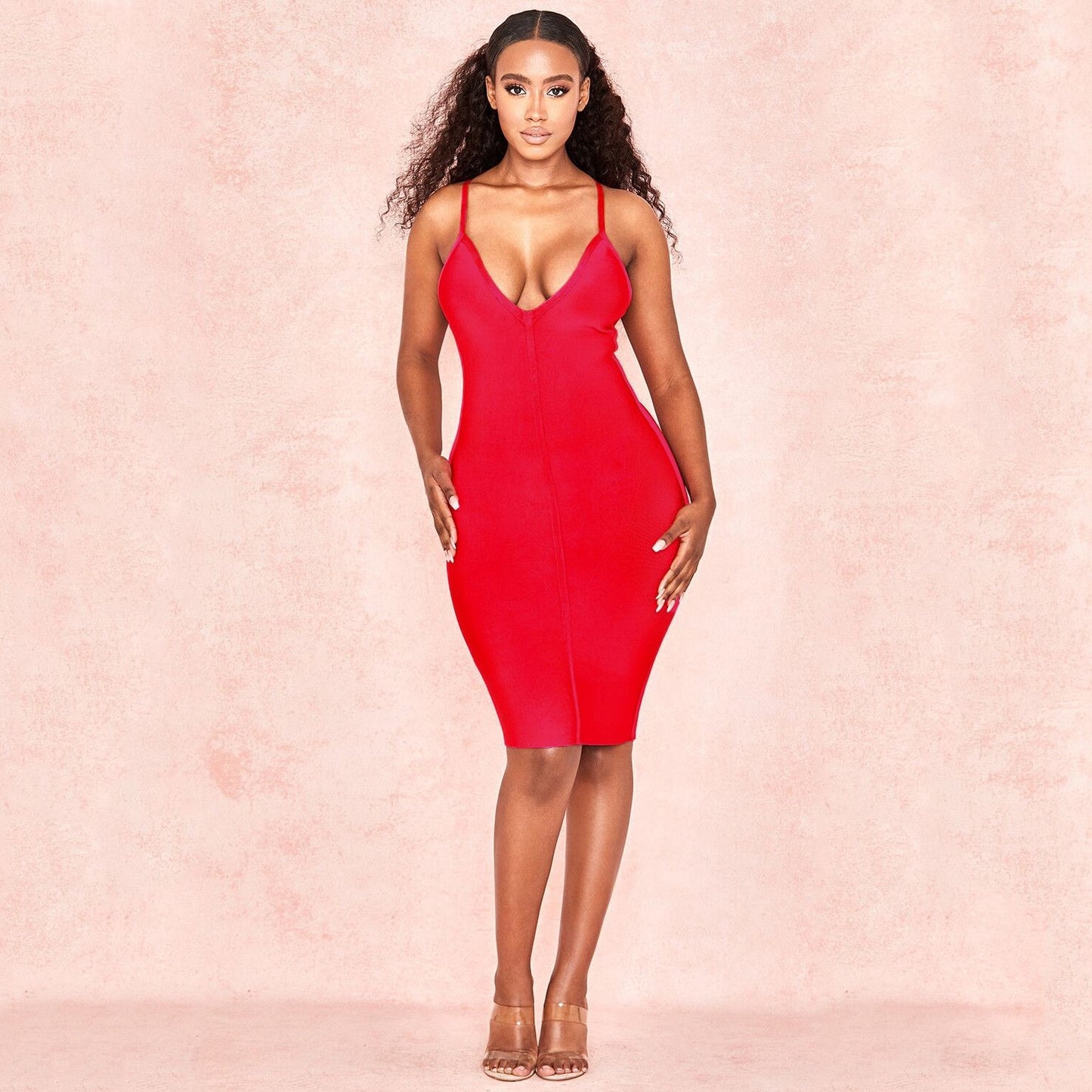 Winnal Women’s Strap Midi Bandage Dress Length Party Solid Prom Bodycon