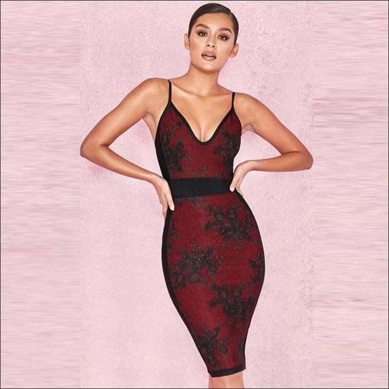 Winnal Women’s Wine Red Floral Emboridery Lace Midi Bandage Dress