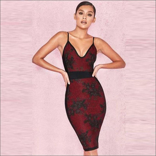 Winnal Women’s Wine Red Floral Emboridery Lace Midi Bandage Dress