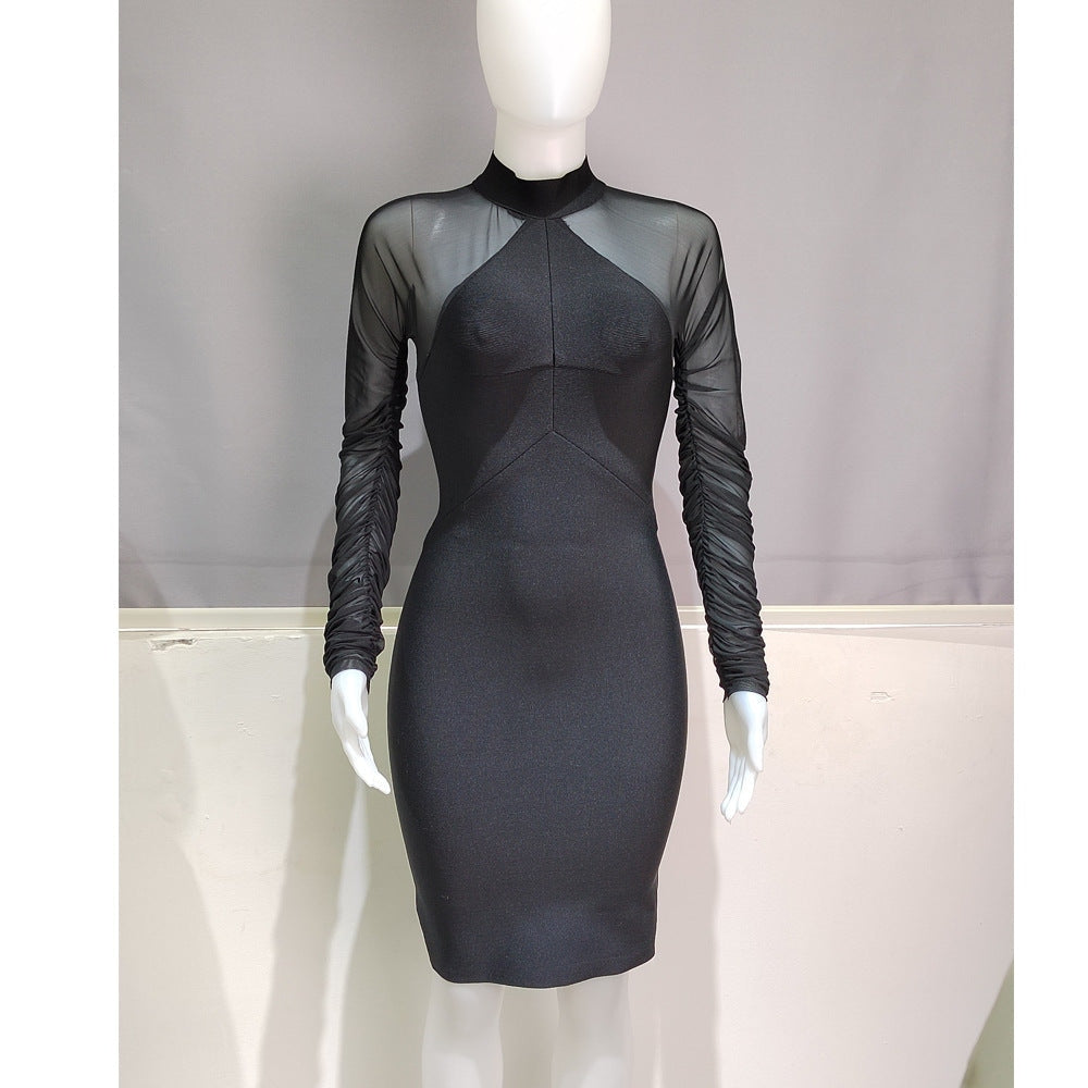 Women See Through Ruched Mesh Bodycon Dress Long Sleeve Back Zip Bodysuit