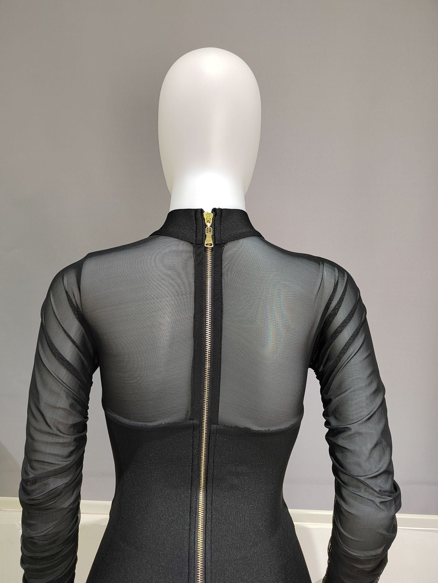 Women See Through Ruched Mesh Bodycon Dress Long Sleeve Back Zip Bodysuit