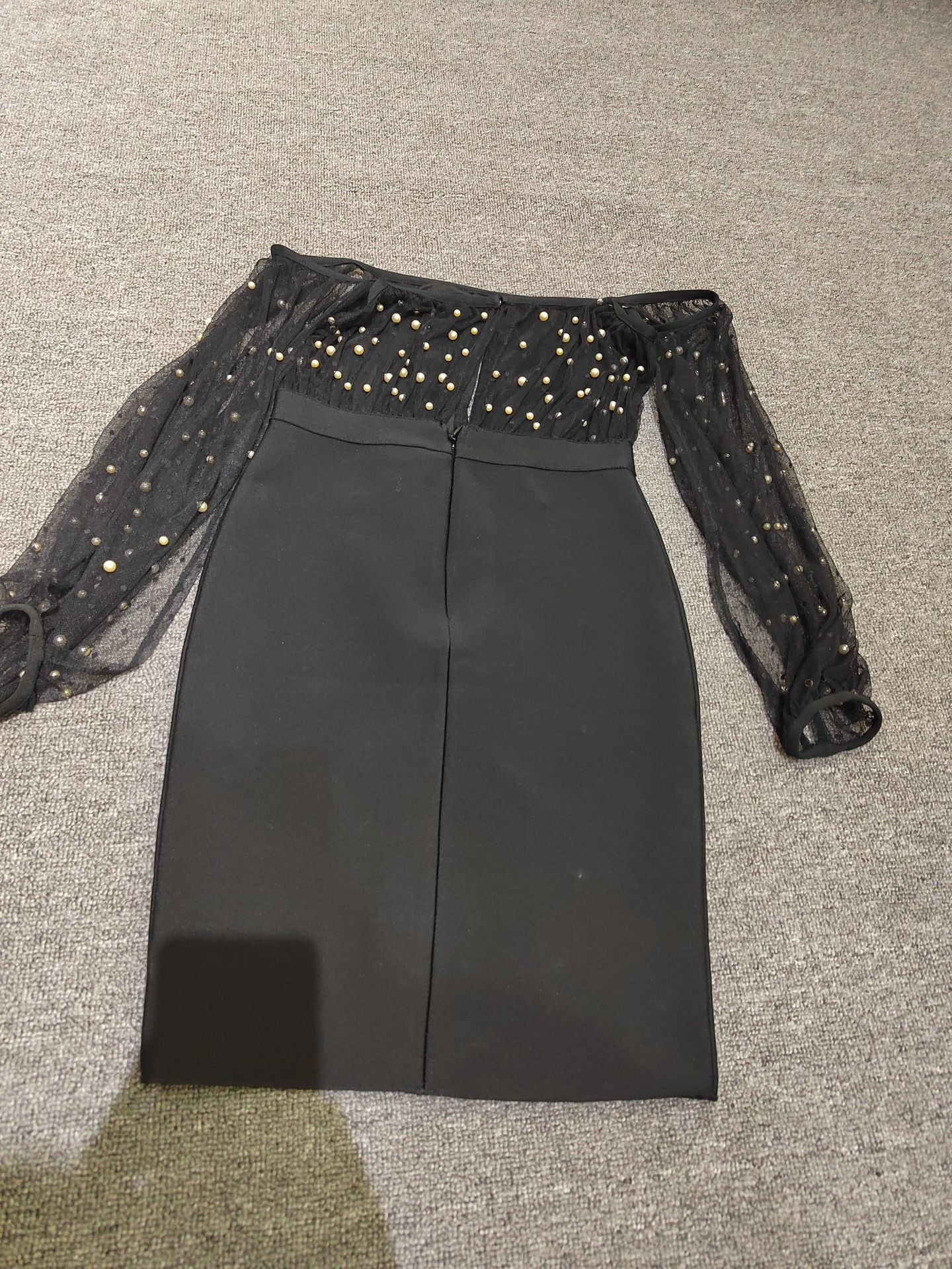 Women Sexy Mesh Tops Studded Diamond & Pearls Hollow Out See Through Sleeves Bandage Skirt