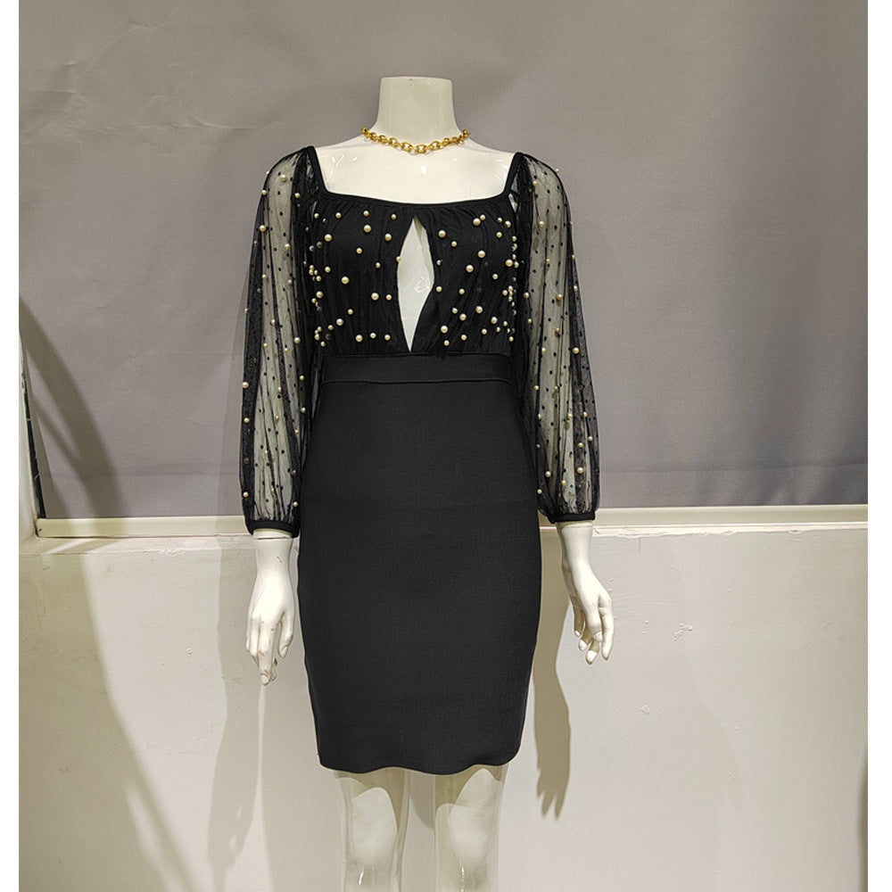 Women Sexy Mesh Tops Studded Diamond & Pearls Hollow Out See Through Sleeves Bandage Skirt