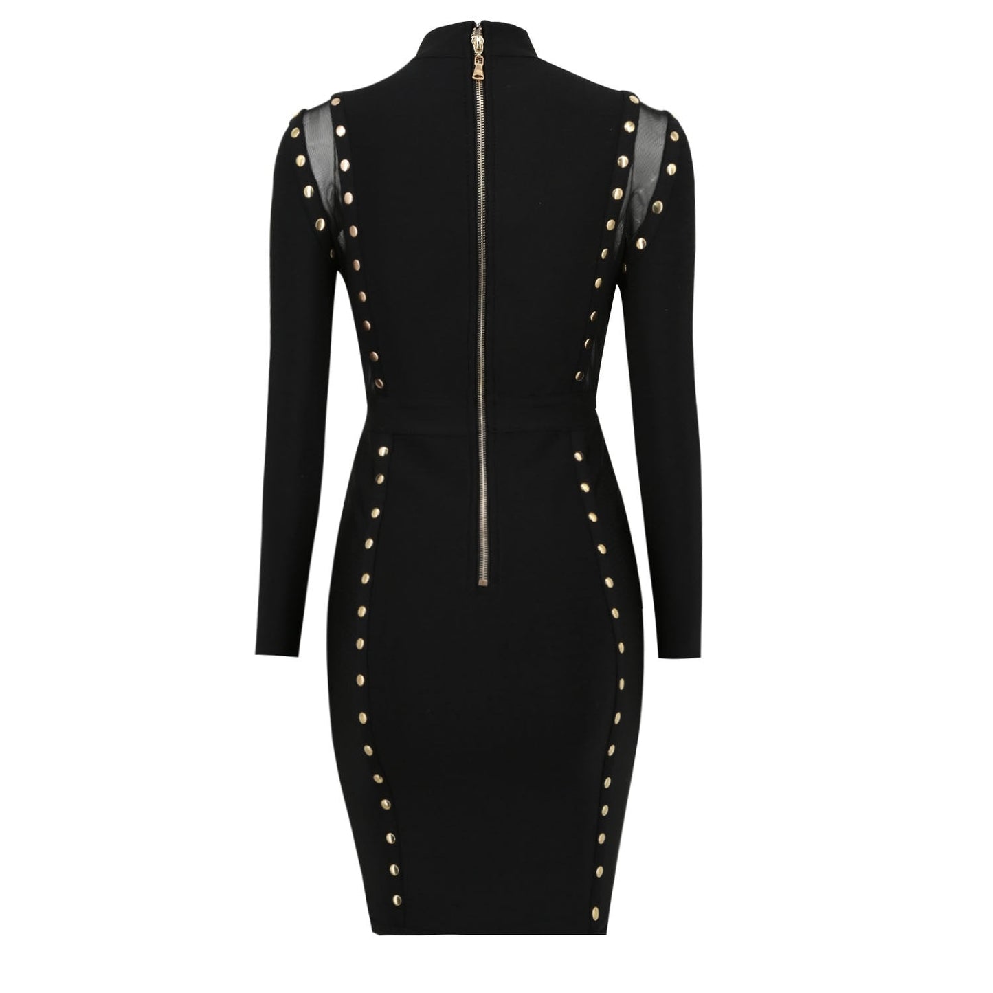 Women Silver Studded Hollow Out Transparent Mesh Bodycon Sexy Short Dress Long Sleeve Back Zip Bodysuit