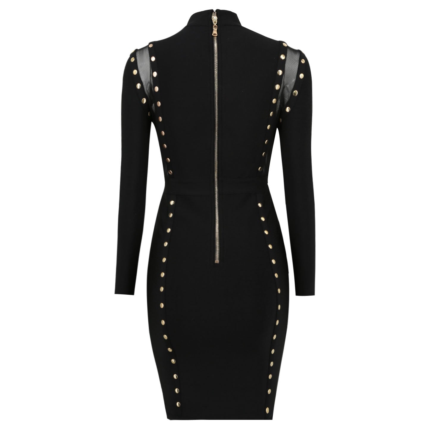 Women Silver Studded Hollow Out Transparent Mesh Bodycon Sexy Short Dress Long Sleeve Back Zip Bodysuit