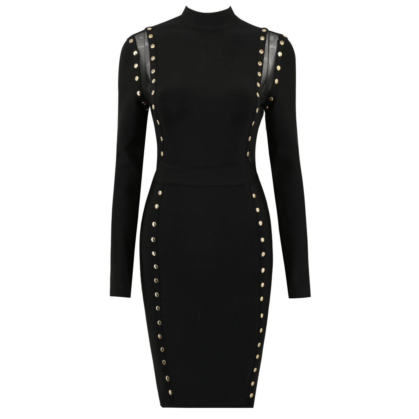 Women Silver Studded Hollow Out Transparent Mesh Bodycon Sexy Short Dress Long Sleeve Back Zip Bodysuit