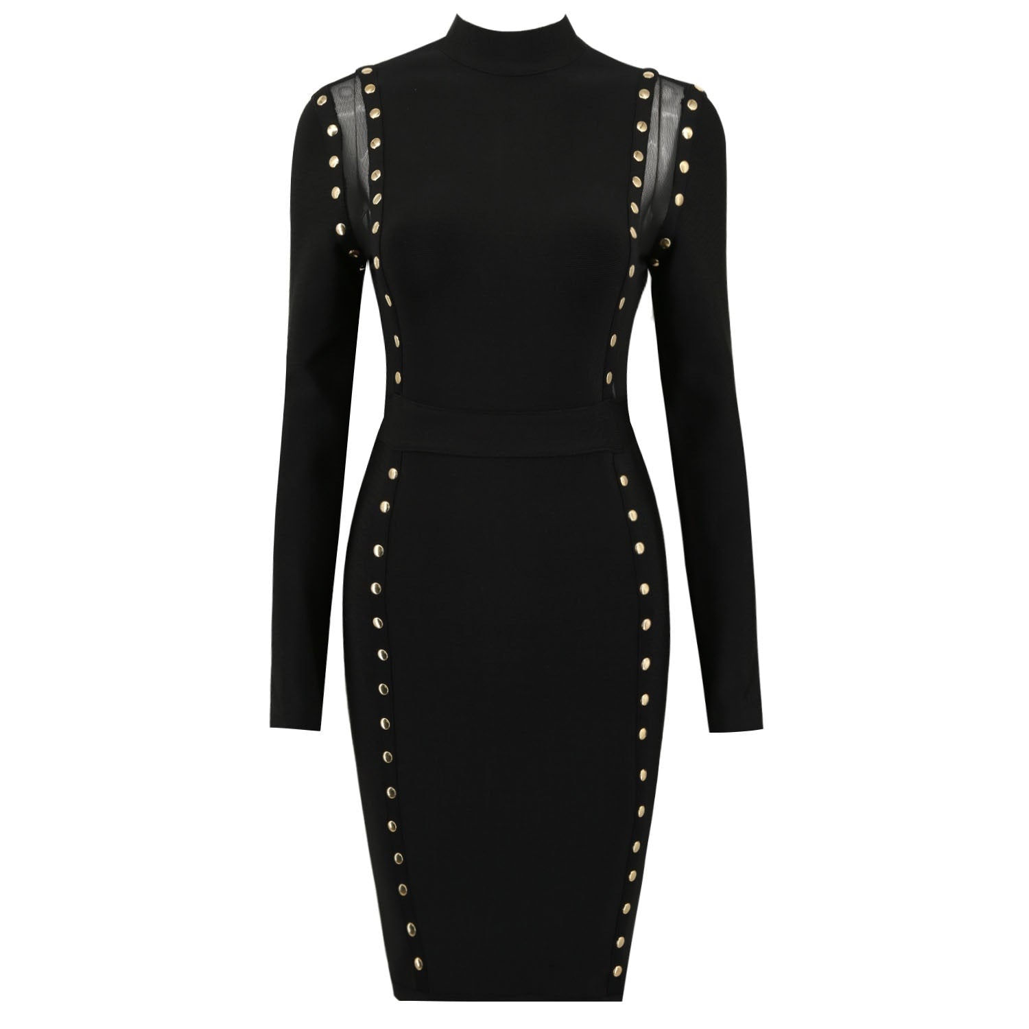 Women Silver Studded Hollow Out Transparent Mesh Bodycon Sexy Short Dress Long Sleeve Back Zip Bodysuit