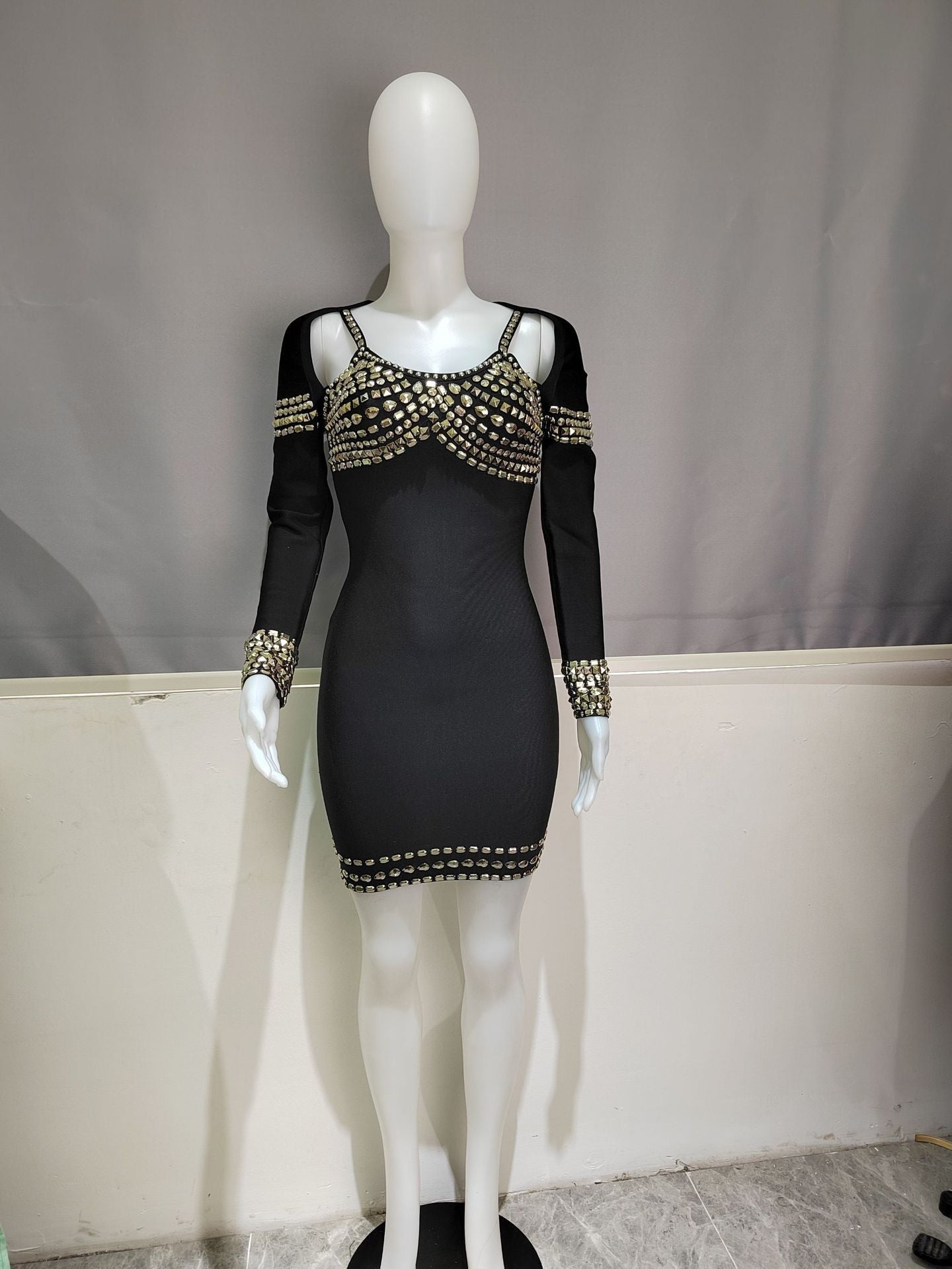 Women Studded Long Sleeve Bandage Midi Dress