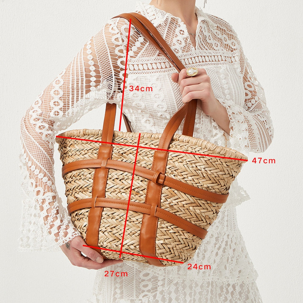 Womens Caged PU Leather-Trim Raffia Basket Bag