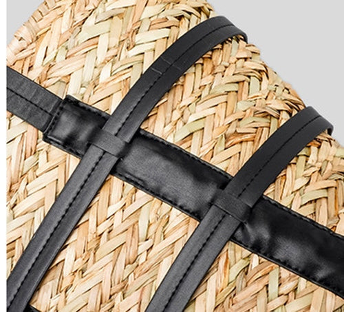 Womens Caged PU Leather-Trim Raffia Basket Bag
