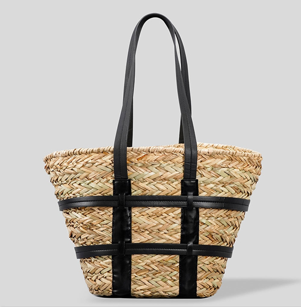 Womens Caged PU Leather-Trim Raffia Basket Bag