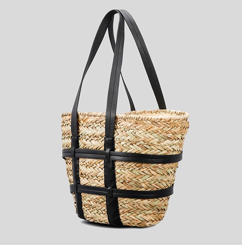 Womens Caged PU Leather-Trim Raffia Basket Bag