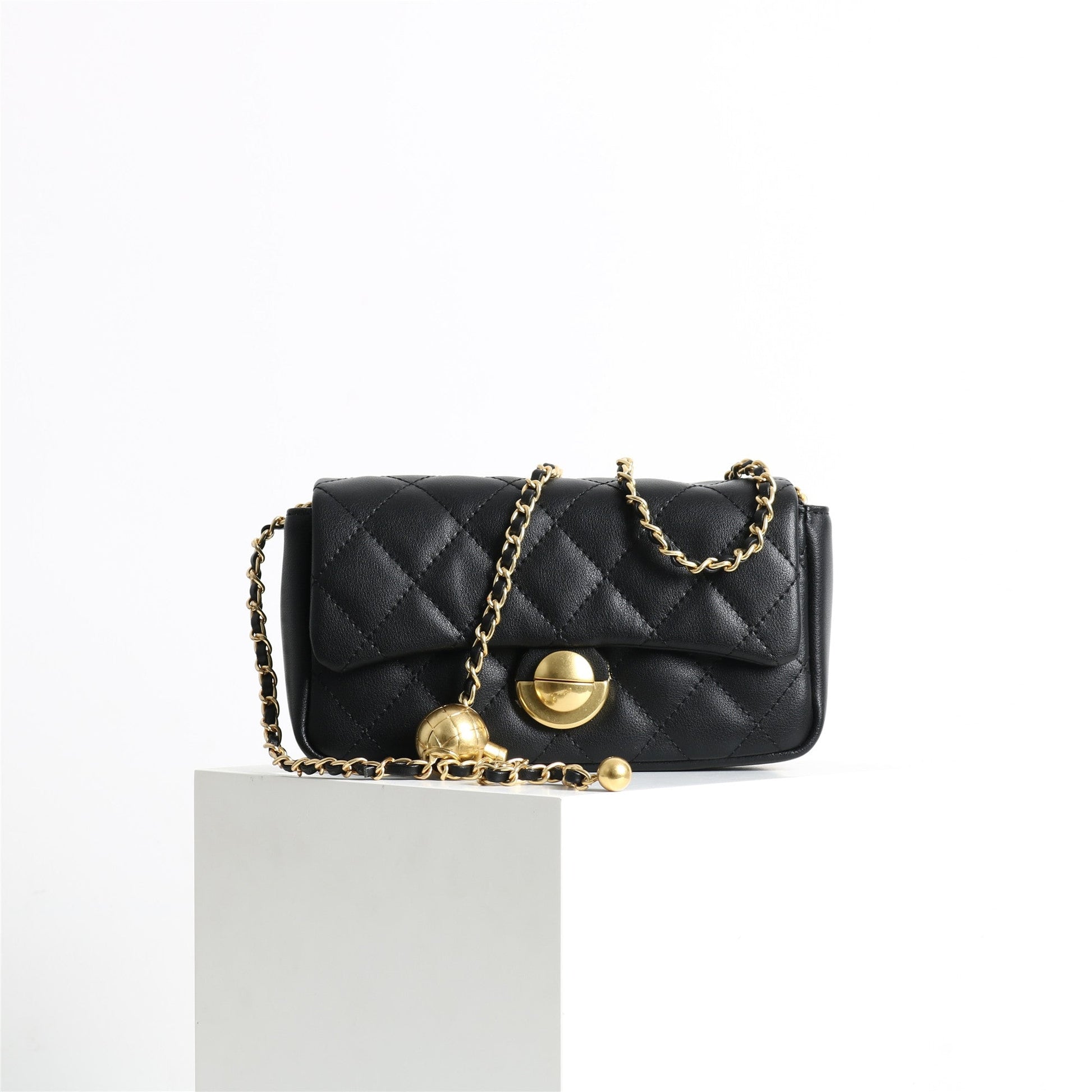 Womens Classic Leather Quilted Adjustable Chain Golden Ball Cross Body Bag