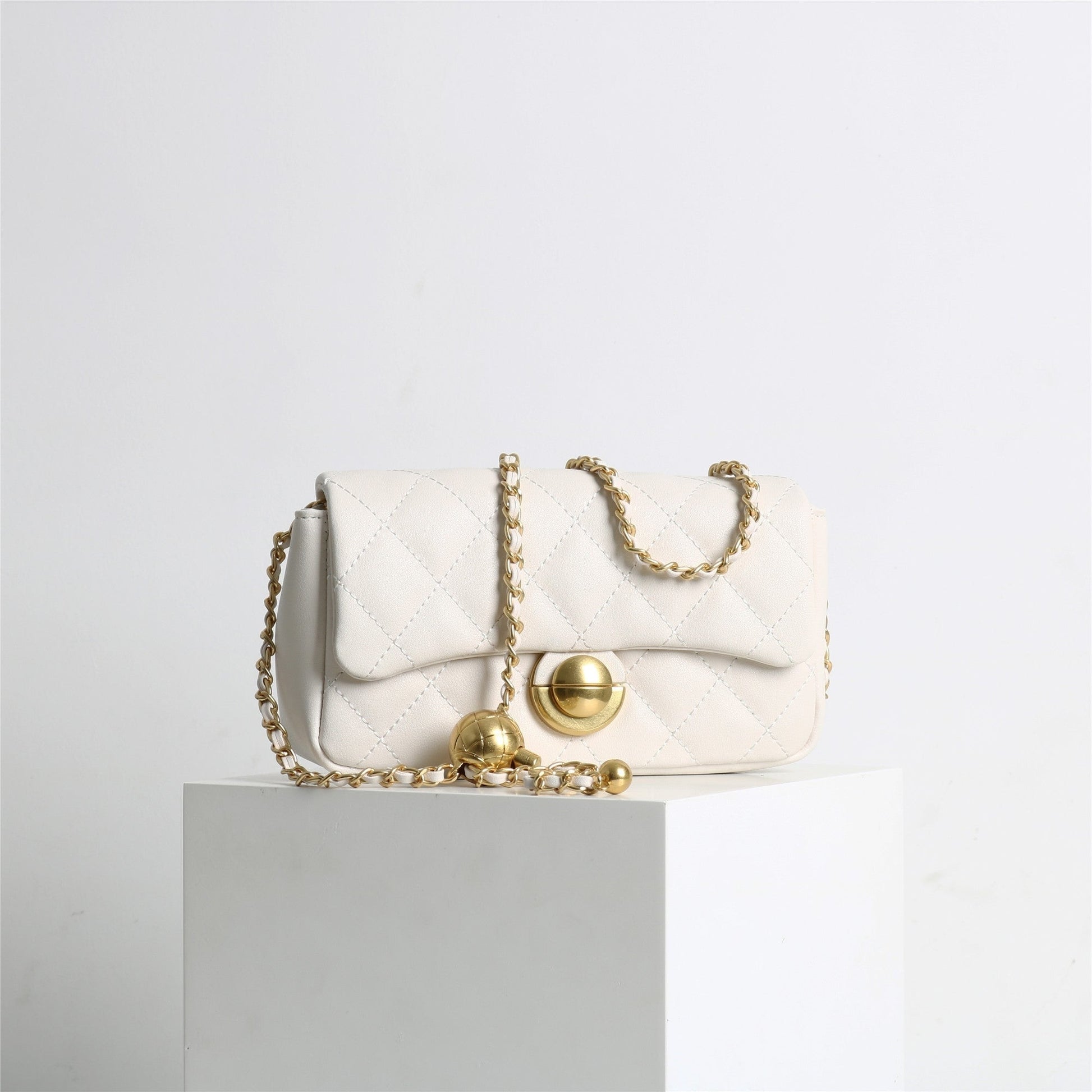 Womens Classic Leather Quilted Adjustable Chain Golden Ball Cross Body Bag