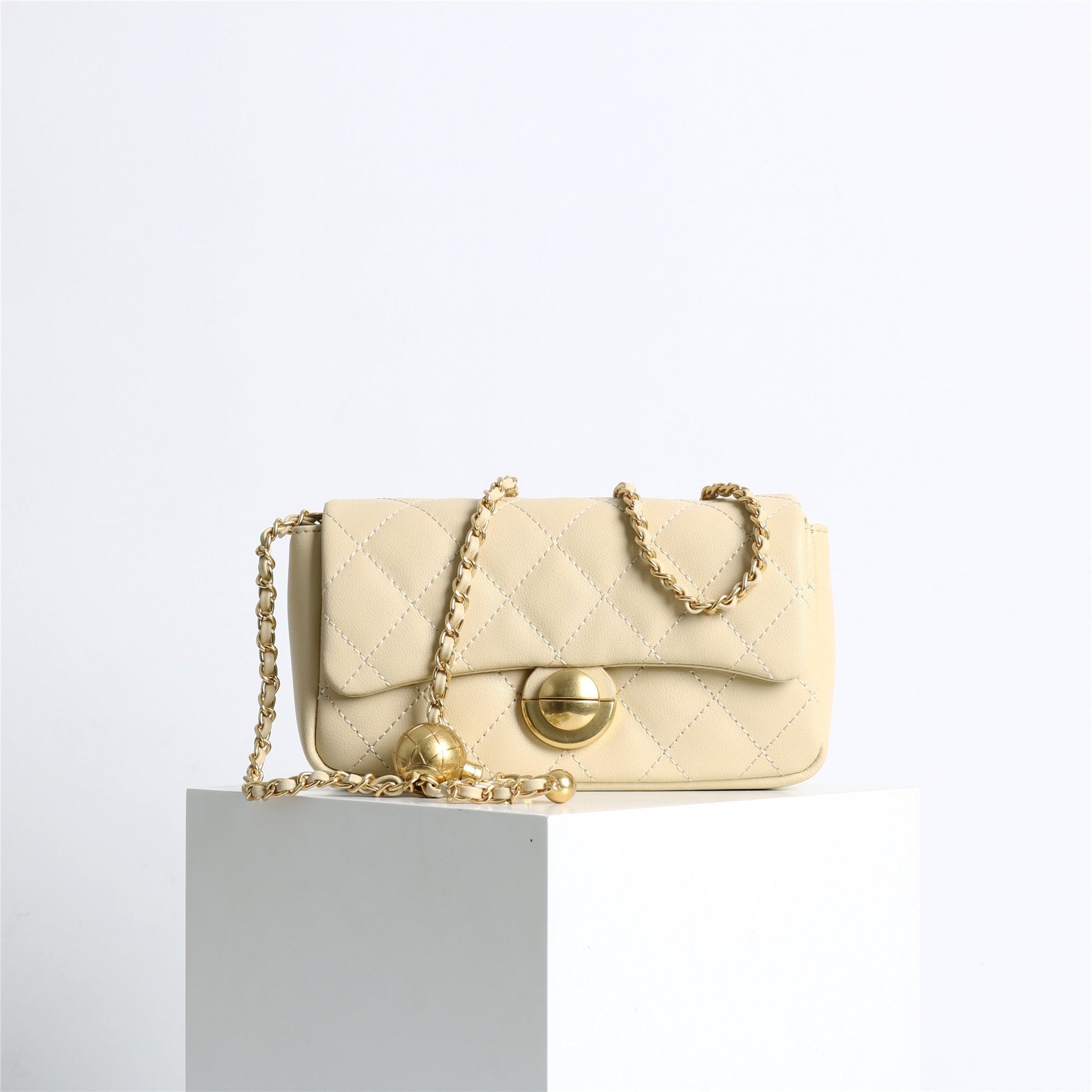 Womens Classic Leather Quilted Adjustable Chain Golden Ball Cross Body Bag