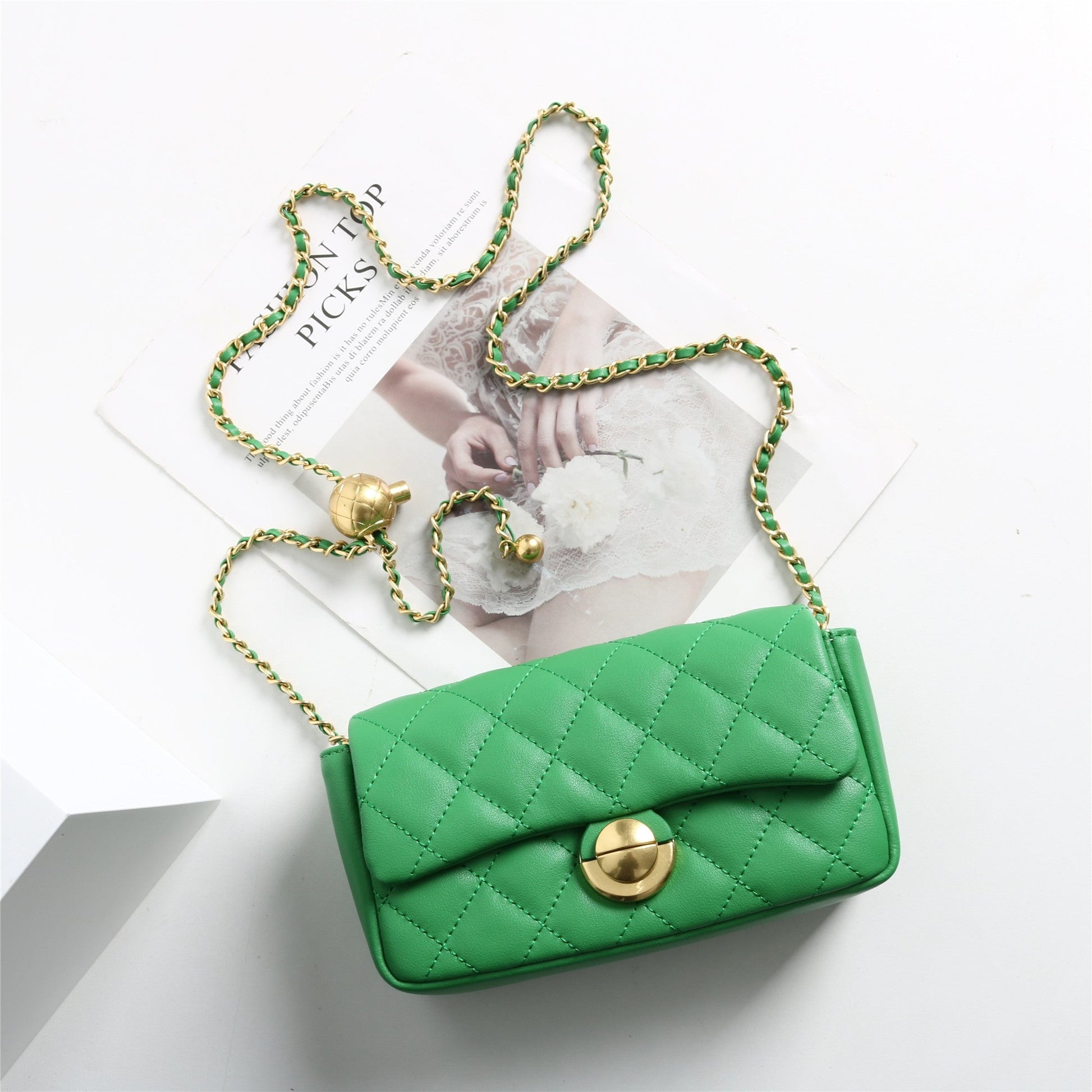 Womens Classic Leather Quilted Adjustable Chain Golden Ball Cross Body Bag