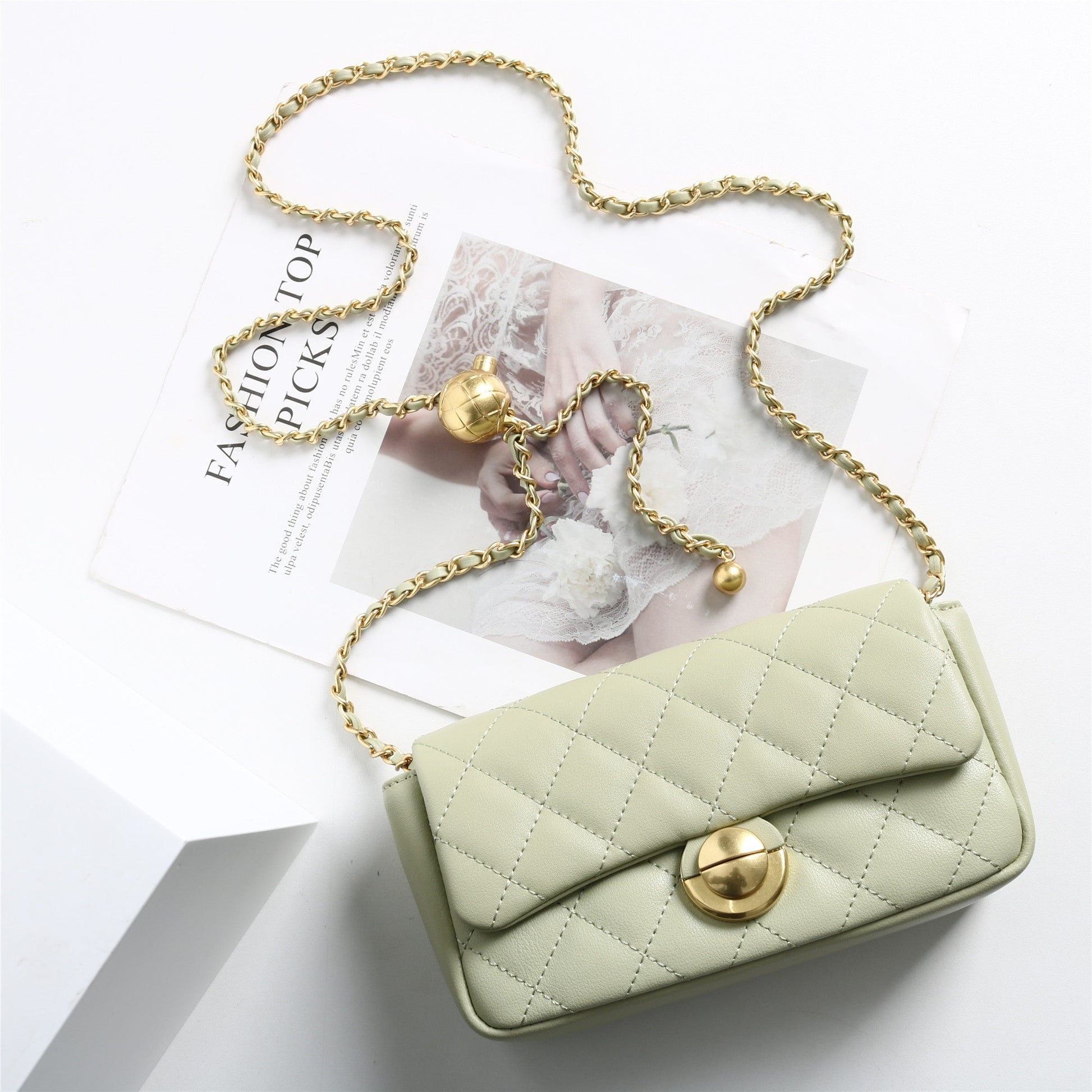 Womens Classic Leather Quilted Adjustable Chain Golden Ball Cross Body Bag