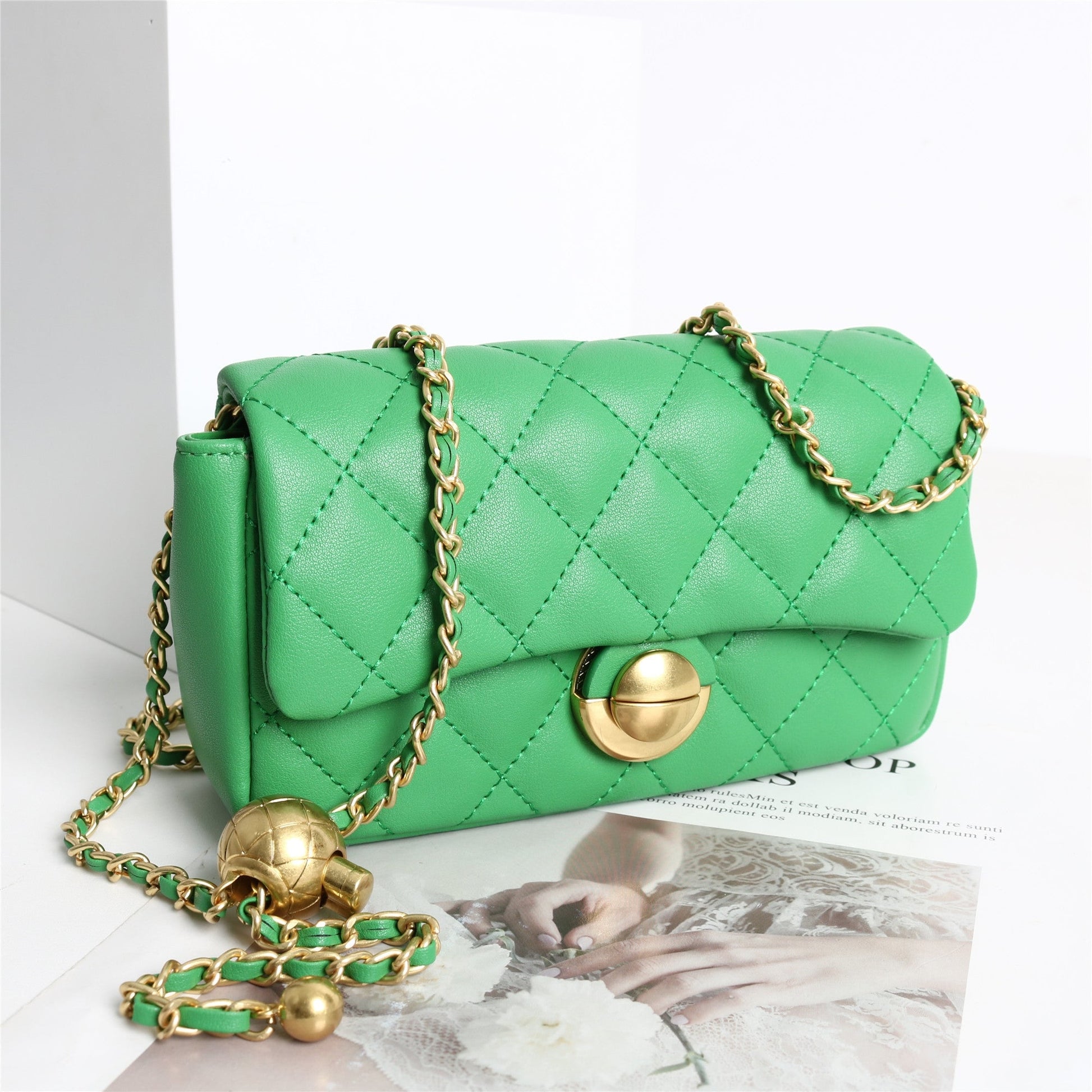 Womens Classic Leather Quilted Adjustable Chain Golden Ball Cross Body Bag