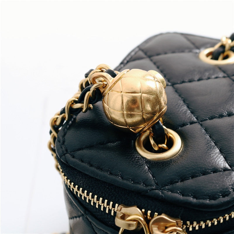 Womens Classic Leather Quilted Vanity Case Box W/O Metal Top