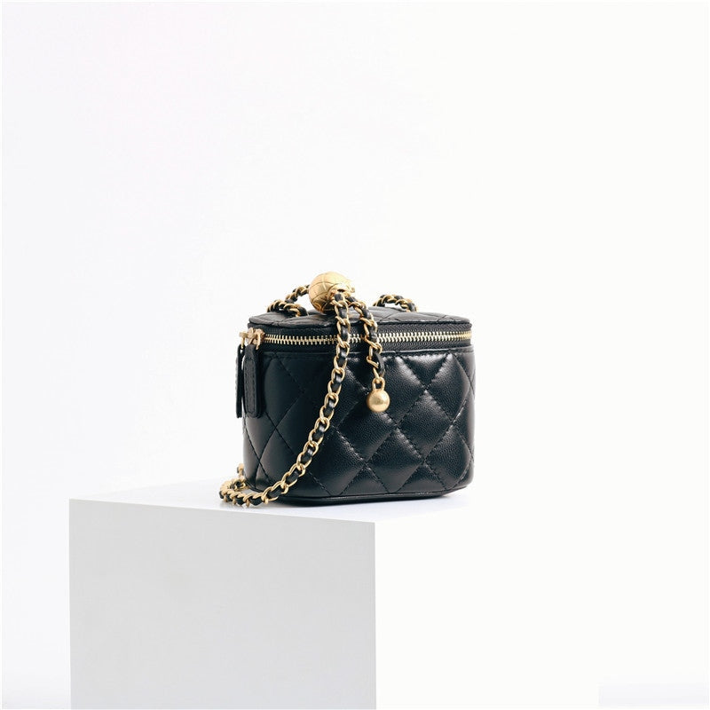 Womens Classic Leather Quilted Vanity Case Box W/O Metal Top