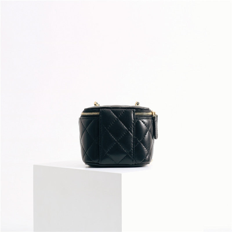 Womens Classic Leather Quilted Vanity Case Box W/O Metal Top