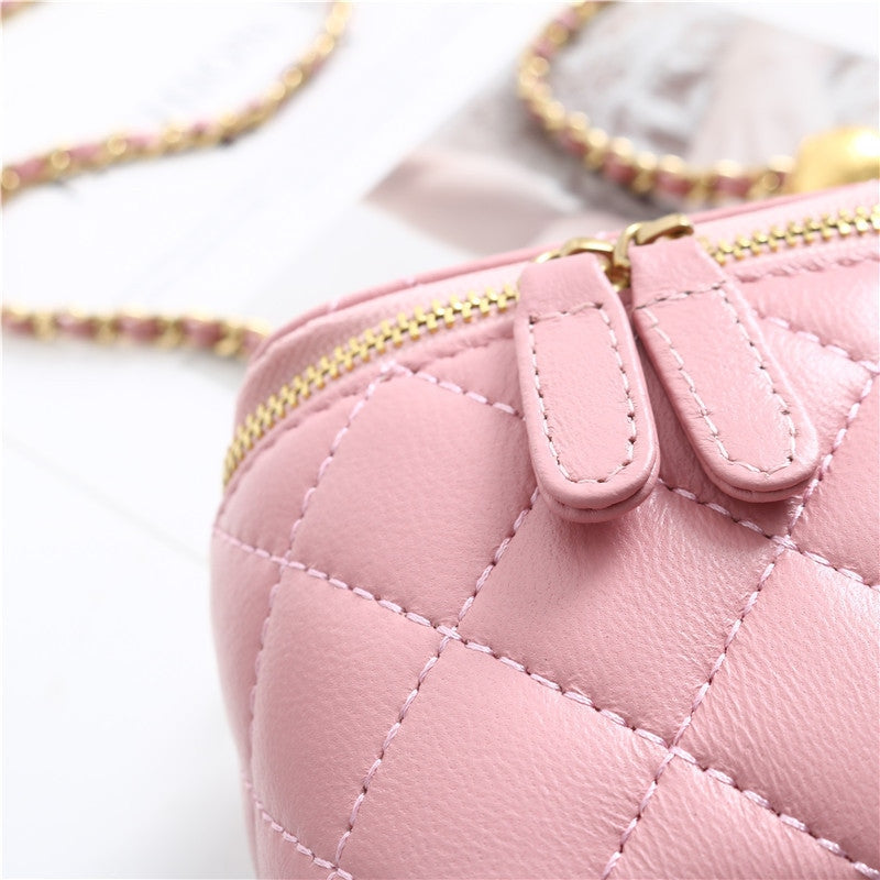 Womens Classic Leather Quilted Vanity Case Box W/O Metal Top