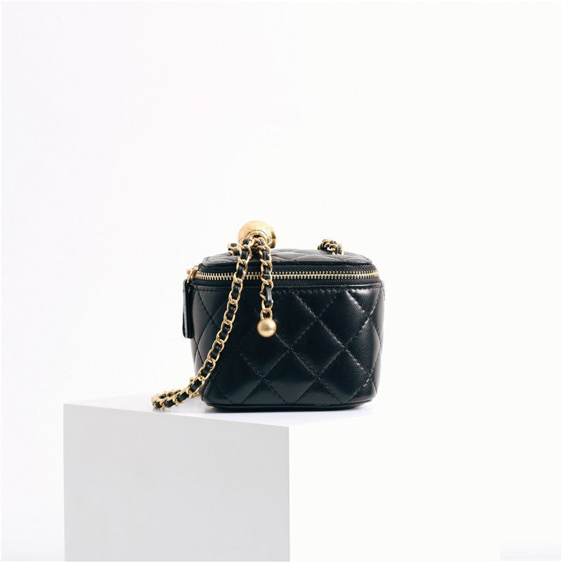 Womens Classic Leather Quilted Vanity Case Box W/O Metal Top