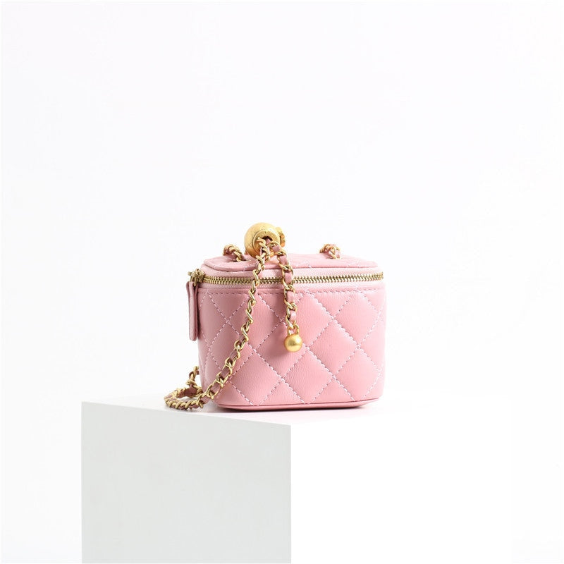 Womens Classic Leather Quilted Vanity Case Box W/O Metal Top