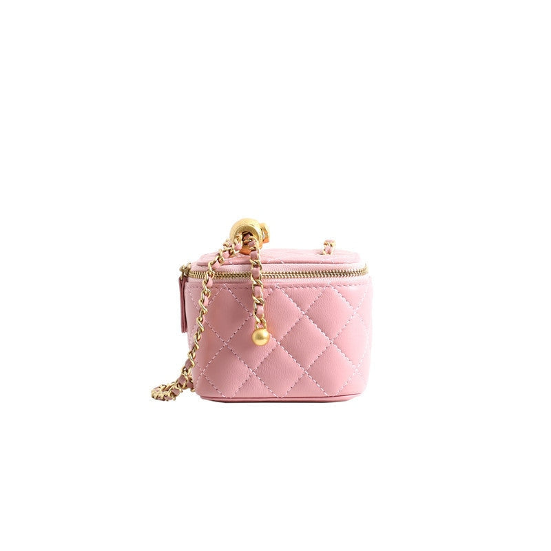 Womens Classic Leather Quilted Vanity Case Box W/O Metal Top