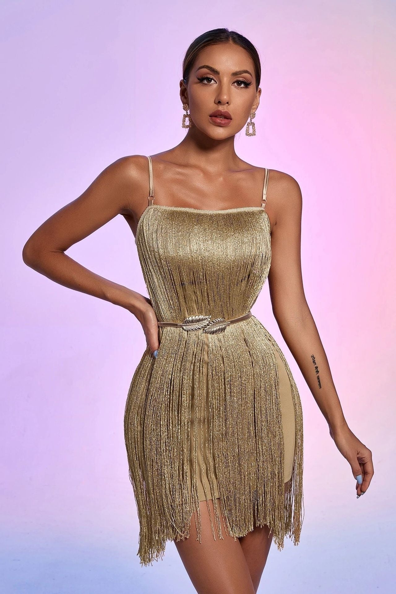Women’s Gold Tassels Strappy Sleeveless Bodycon Dress